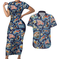 Hawaii Islands Map Design with Japanese Landscape Couples Matching Short Sleeve Bodycon Dress and Hawaiian Shirt Hawaiian Japan Fusion Art Navy Color LT03 Navy - Polynesian Pride