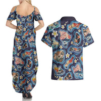 Hawaii Islands Map Design with Japanese Landscape Couples Matching Summer Maxi Dress and Hawaiian Shirt Hawaiian Japan Fusion Art Navy Color LT03 - Polynesian Pride