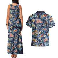 Hawaii Islands Map Design with Japanese Landscape Couples Matching Tank Maxi Dress and Hawaiian Shirt Hawaiian Japan Fusion Art Navy Color LT03 - Polynesian Pride