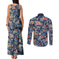 Hawaii Islands Map Design with Japanese Landscape Couples Matching Tank Maxi Dress and Long Sleeve Button Shirt Hawaiian Japan Fusion Art Navy Color LT03 - Polynesian Pride