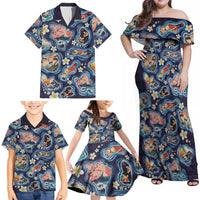 Hawaii Islands Map Design with Japanese Landscape Family Matching Off Shoulder Maxi Dress and Hawaiian Shirt Hawaiian Japan Fusion Art Navy Color LT03 - Polynesian Pride