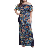 Hawaii Islands Map Design with Japanese Landscape Family Matching Off Shoulder Maxi Dress and Hawaiian Shirt Hawaiian Japan Fusion Art Navy Color LT03 Mom's Dress Navy - Polynesian Pride