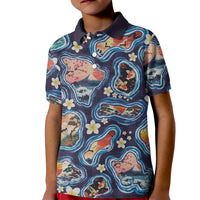 Hawaii Islands Map Design with Japanese Landscape Kid Polo Shirt Hawaiian Japan Fusion Art Navy Color
