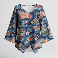 Hawaii Islands Map Design with Japanese Landscape Kimono Sleeve Blouse Hawaiian Japan Fusion Art Navy Color