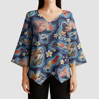 Hawaii Islands Map Design with Japanese Landscape Kimono Sleeve Blouse Hawaiian Japan Fusion Art Navy Color