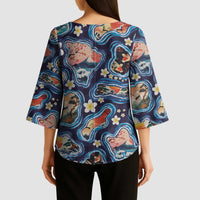 Hawaii Islands Map Design with Japanese Landscape Kimono Sleeve Blouse Hawaiian Japan Fusion Art Navy Color