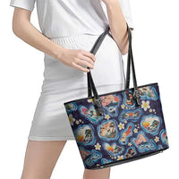 Hawaii Islands Map Design with Japanese Landscape Leather Tote Bag Hawaiian Japan Fusion Art Navy Color LT03 - Polynesian Pride