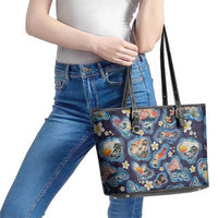 Hawaii Islands Map Design with Japanese Landscape Leather Tote Bag Hawaiian Japan Fusion Art Navy Color LT03 - Polynesian Pride