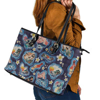 Hawaii Islands Map Design with Japanese Landscape Leather Tote Bag Hawaiian Japan Fusion Art Navy Color LT03 - Polynesian Pride