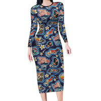 Hawaii Islands Map Design with Japanese Landscape Long Sleeve Bodycon Dress Hawaiian Japan Fusion Art Navy Color LT03 Long Dress Navy - Polynesian Pride