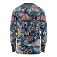 Hawaii Islands Map Design with Japanese Landscape Long Sleeve Shirt Hawaiian Japan Fusion Art Navy Color