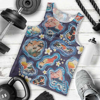 Hawaii Islands Map Design with Japanese Landscape Men Tank Top Hawaiian Japan Fusion Art Navy Color