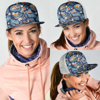 Hawaii Islands Map Design with Japanese Landscape Mesh Trucker Cap Hawaiian Japan Fusion Art Navy Color