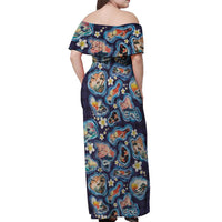 Hawaii Islands Map Design with Japanese Landscape Off Shoulder Maxi Dress Hawaiian Japan Fusion Art Navy Color