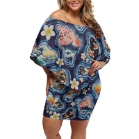 Hawaii Islands Map Design with Japanese Landscape Off Shoulder Short Dress Hawaiian Japan Fusion Art Navy Color