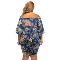 Hawaii Islands Map Design with Japanese Landscape Off Shoulder Short Dress Hawaiian Japan Fusion Art Navy Color