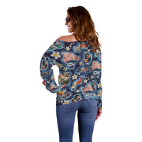 Hawaii Islands Map Design with Japanese Landscape Off Shoulder Sweater Hawaiian Japan Fusion Art Navy Color