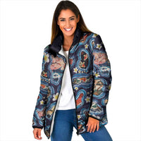 Hawaii Islands Map Design with Japanese Landscape Padded Jacket Hawaiian Japan Fusion Art Navy Color
