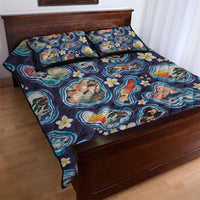 Hawaii Islands Map Design with Japanese Landscape Quilt Bed Set Hawaiian Japan Fusion Art Navy Color