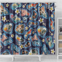 Hawaii Islands Map Design with Japanese Landscape Shower Curtain Hawaiian Japan Fusion Art Navy Color