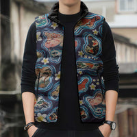 Hawaii Islands Map Design with Japanese Landscape Sleeveless Puffer Jacket Hawaiian Japan Fusion Art Navy Color