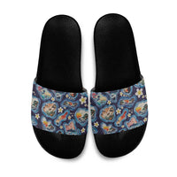 Hawaii Islands Map Design with Japanese Landscape Slide Sandals Hawaiian Japan Fusion Art Navy Color