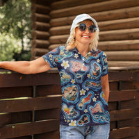 Hawaii Islands Map Design with Japanese Landscape Women Polo Shirt Hawaiian Japan Fusion Art Navy Color LT03 - Polynesian Pride
