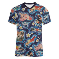 Hawaii Islands Map Design with Japanese Landscape Women V-Neck T-Shirt Hawaiian Japan Fusion Art Navy Color LT03 Female Navy - Polynesian Pride