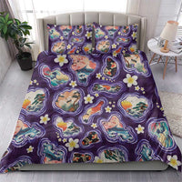 Hawaii Islands Map Design with Japanese Landscape Bedding Set Hawaiian Japan Fusion Art Purple Color