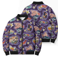 Hawaii Islands Map Design with Japanese Landscape Bomber Puffer Jacket Hawaiian Japan Fusion Art Purple Color