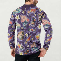 Hawaii Islands Map Design with Japanese Landscape Button Sweatshirt Hawaiian Japan Fusion Art Purple Color