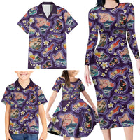 Hawaii Islands Map Design with Japanese Landscape Family Matching Long Sleeve Bodycon Dress and Hawaiian Shirt Hawaiian Japan Fusion Art Purple Color LT03 - Polynesian Pride