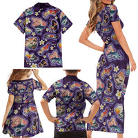 Hawaii Islands Map Design with Japanese Landscape Family Matching Short Sleeve Bodycon Dress and Hawaiian Shirt Hawaiian Japan Fusion Art Purple Color LT03 - Polynesian Pride