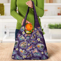Hawaii Islands Map Design with Japanese Landscape Grocery Bag Hawaiian Japan Fusion Art Purple Color