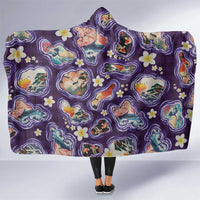 Hawaii Islands Map Design with Japanese Landscape Hooded Blanket Hawaiian Japan Fusion Art Purple Color