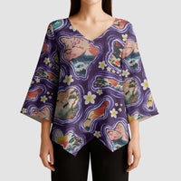 Hawaii Islands Map Design with Japanese Landscape Kimono Sleeve Blouse Hawaiian Japan Fusion Art Purple Color