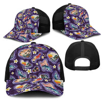 Hawaii Islands Map Design with Japanese Landscape Mesh Trucker Cap Hawaiian Japan Fusion Art Purple Color