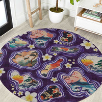 Hawaii Islands Map Design with Japanese Landscape Round Carpet Hawaiian Japan Fusion Art Purple Color