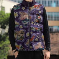 Hawaii Islands Map Design with Japanese Landscape Sleeveless Puffer Jacket Hawaiian Japan Fusion Art Purple Color