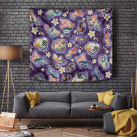 Hawaii Islands Map Design with Japanese Landscape Tapestry Hawaiian Japan Fusion Art Purple Color