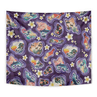 Hawaii Islands Map Design with Japanese Landscape Tapestry Hawaiian Japan Fusion Art Purple Color