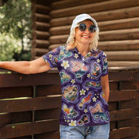 Hawaii Islands Map Design with Japanese Landscape Women Polo Shirt Hawaiian Japan Fusion Art Purple Color LT03 - Polynesian Pride