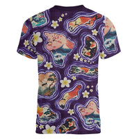 Hawaii Islands Map Design with Japanese Landscape Women V-Neck T-Shirt Hawaiian Japan Fusion Art Purple Color LT03 - Polynesian Pride