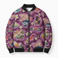 Hawaii Islands Map Design with Japanese Landscape Bomber Puffer Jacket Hawaiian Japan Fusion Art Pink Color