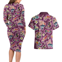 Hawaii Islands Map Design with Japanese Landscape Couples Matching Long Sleeve Bodycon Dress and Hawaiian Shirt Hawaiian Japan Fusion Art Pink Color LT03 - Polynesian Pride