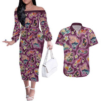 Hawaii Islands Map Design with Japanese Landscape Couples Matching Off The Shoulder Long Sleeve Dress and Hawaiian Shirt Hawaiian Japan Fusion Art Pink Color LT03 Pink - Polynesian Pride