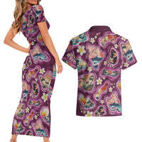 Hawaii Islands Map Design with Japanese Landscape Couples Matching Short Sleeve Bodycon Dress and Hawaiian Shirt Hawaiian Japan Fusion Art Pink Color LT03 - Polynesian Pride