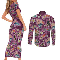 Hawaii Islands Map Design with Japanese Landscape Couples Matching Short Sleeve Bodycon Dress and Long Sleeve Button Shirt Hawaiian Japan Fusion Art Pink Color LT03 - Polynesian Pride