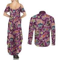 Hawaii Islands Map Design with Japanese Landscape Couples Matching Summer Maxi Dress and Long Sleeve Button Shirt Hawaiian Japan Fusion Art Pink Color LT03 - Polynesian Pride