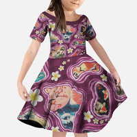 Hawaii Islands Map Design with Japanese Landscape Family Matching Long Sleeve Bodycon Dress and Hawaiian Shirt Hawaiian Japan Fusion Art Pink Color LT03 Daughter's Dress Pink - Polynesian Pride